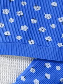 2 件套婴儿/幼儿女孩可爱时尚花朵印花圆领长袖上衣和裤子套装，春秋季新款流行设计 - 藍色 - 查看 5