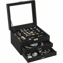 SONGMICS 3-Tier Jewelry Box, Travel Jewelry Case With Handle, 2 Drawers, Lockable Jewelry Organizer With Mirror, Jewelry Storage, Modern Style - 黑色 - 查看 9