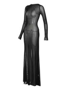 Women's Stunning Long Bodycon Gown Solid Hue See-Through Mesh Sheer Long Sleeve Crossover Tie-Up Backless Evening Party Attire - 黑色 - 查看 6