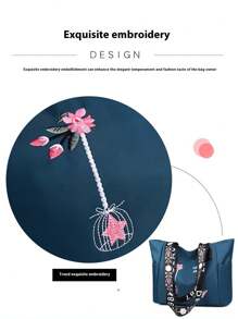 花朵刺绣手提包，时尚牛津布手提包，大容量女士单肩包，防水休闲手提包，大号帆布包，适合各种日常场合，工作，购物，课堂，户外，学校手提包 - 黑色 - 查看 4