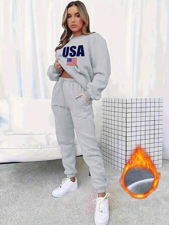 2 件套大码女式羊毛印花圆领运动衫和裤子冬季套装