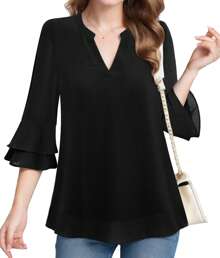 Women's Tops Fashionable Casual Three-Quarter Bell Sleeve Shirt Double Layer Chiffon Work Tunic Shirt - màu đen - Xem 5