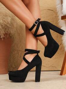 Giày cao gót dày màu trơn cho nữ, Giày cao gót thời trang thiết kế quai chéo mắt cá chân cho buổi trình diễn người mẫu, tiệc tùng, phù hợp với mọi mùa, giày đế xuồng, giày cao gót Mary Jane, da lộn đen trơn, giày cao gót đen, giày đen, giày đen, giày cao gót đế xuồng, giày nữ gợi cảm, giày gót dày cho nữ, giày cao gót đen, giày cao gót nữ, giày mũi tròn gợi cảm, giày cổ thấp, giày đế xuồng - màu đen - Xem 3