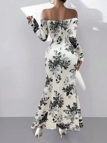 女士露肩长袖针织腰部收紧花卉印花褶皱紧身美人鱼连衣裙，优雅