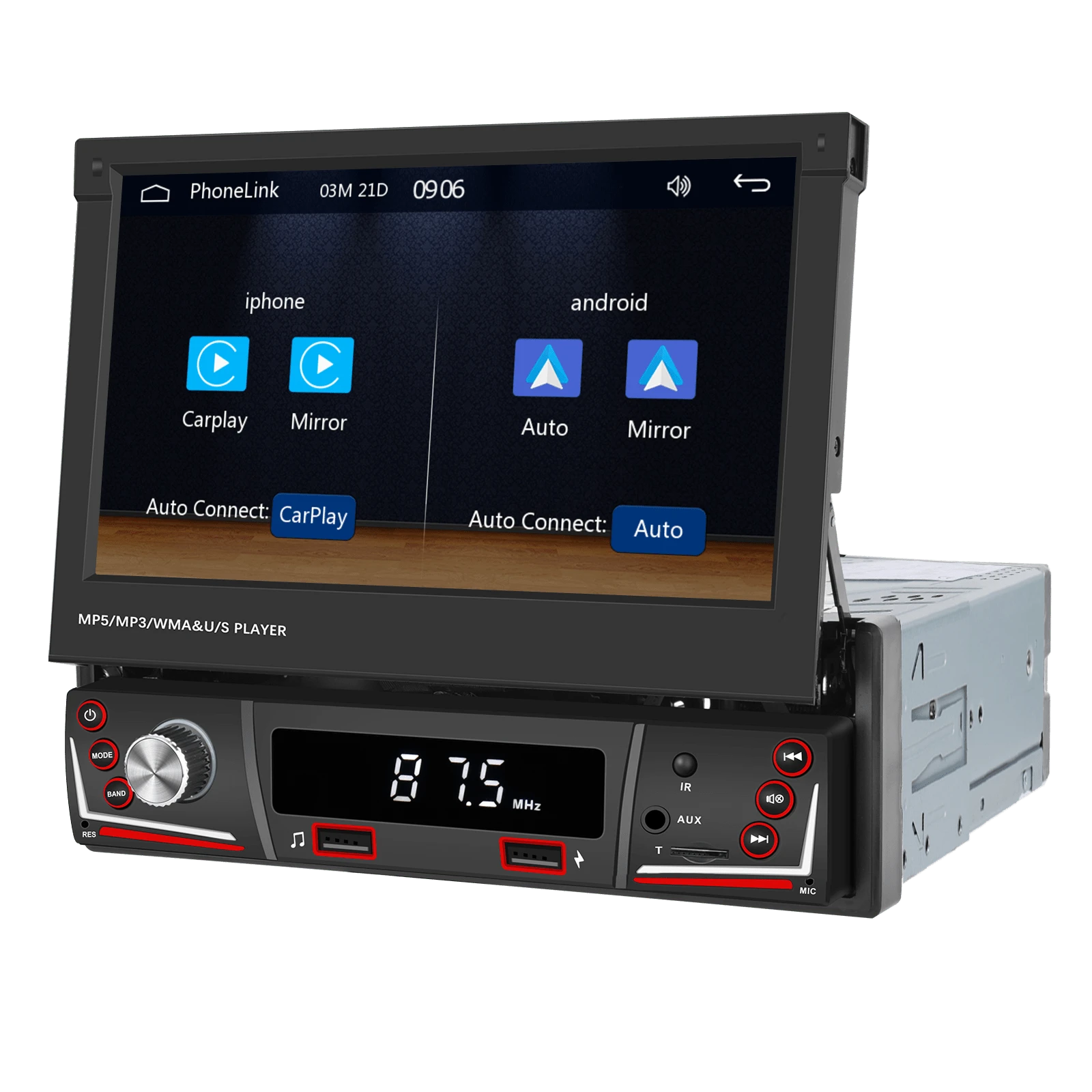 Wireless Carplay Single 1 Din Touchscreen Car Stereo, 7 Inch Flip Out