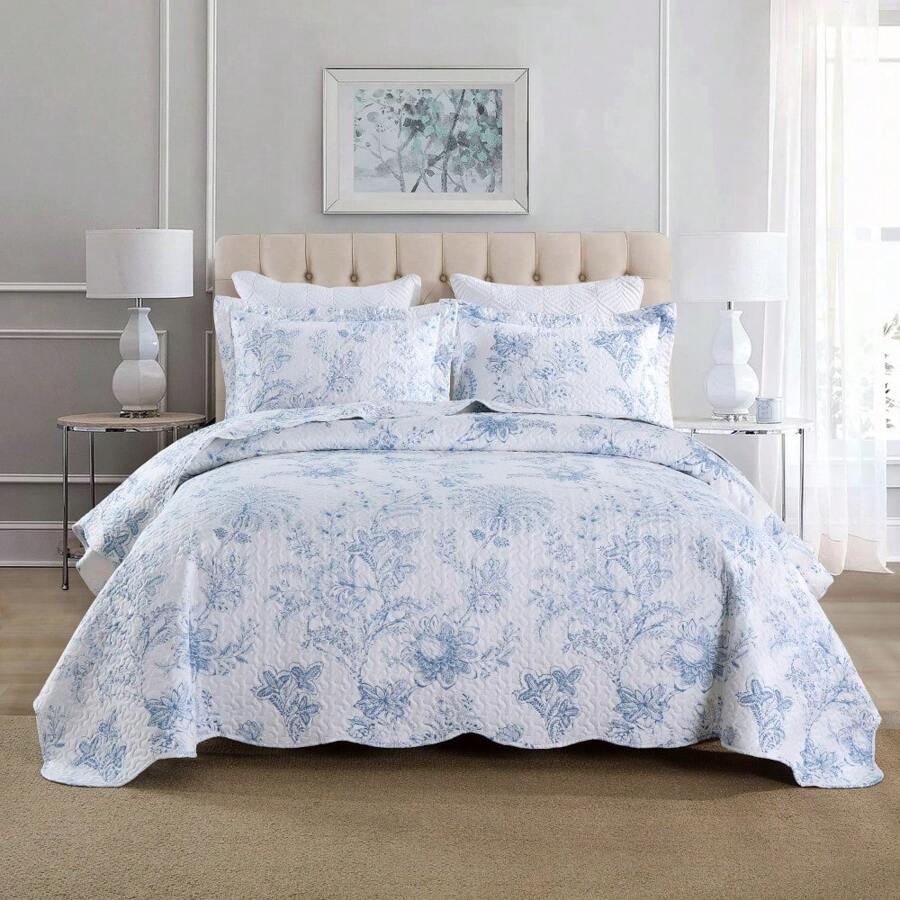 3PCS White Blue Plant Print Quilt Set Bedspread Cover Polyester Soft And Lightweight, With Two Pillowcases, Queen/KingSizs, Machine Washable, All Season