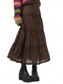 Women Long Skirt, Vintage Elegant Solid Pleated Fall Swing Skirt For Casual Daily - 深棕色 - 查看 9