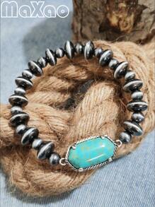 复古西式绿松石纳瓦霍弹性手链，适合日常佩戴，全绿松石珠，独一无二 - 復古風格的松石納瓦荷彈性手鍊 - 查看 7