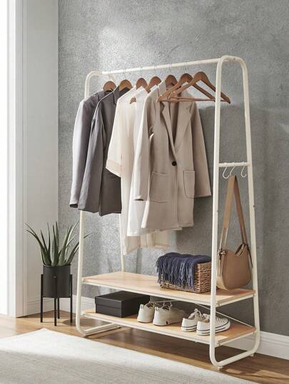 VASAGLE Kleiderständer, Garderobenständer, Garderobe, 2 Ablagen, 6 Haken in S-Form, Stahlgestell, für Schlafzimmer, Flur, Eingangsbereich, eichenfarben-cremeweiß