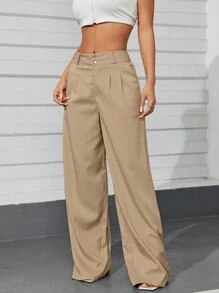 Women's Casual High Waist Wide Leg Pants With Pockets - Coklat - View 2