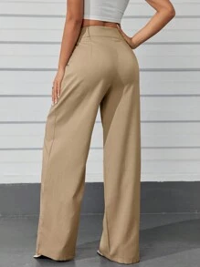 Women's Casual High Waist Wide Leg Pants With Pockets - Coklat - View 3