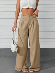 Women's Casual High Waist Wide Leg Pants With Pockets - Coklat - View 5