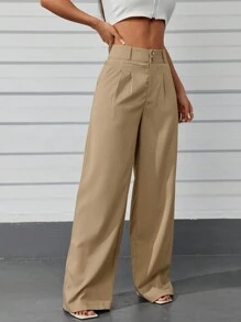 Women's Casual High Waist Wide Leg Pants With Pockets - Coklat - View 4