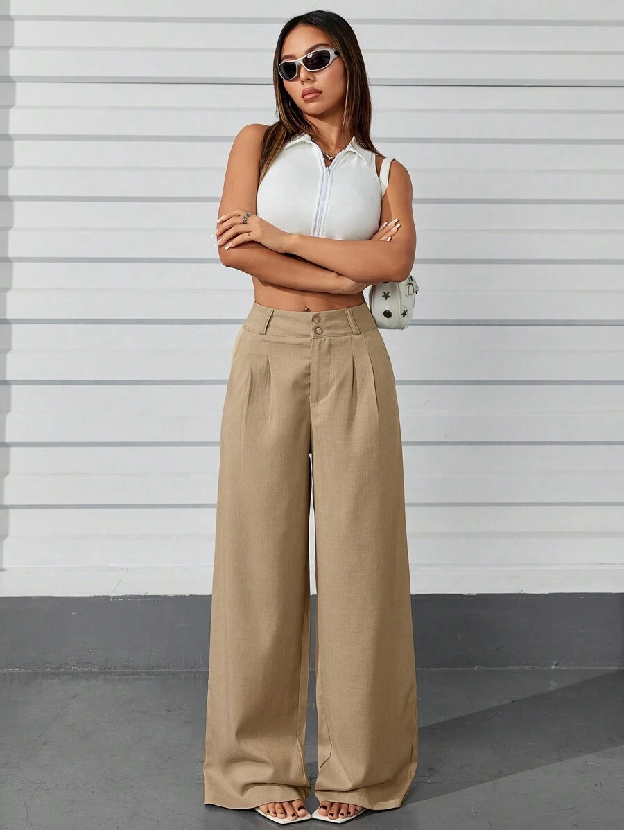 Women's Casual High Waist Wide Leg Pants With Pockets - Coklat - View 1