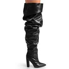 Over The Knee Wide Calf Slouchy Chunky Heel Boots - Black - View 5