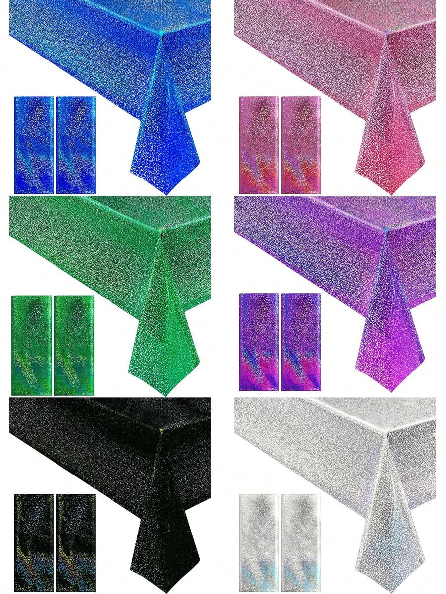 2 件粉色全息激光桌布，亮粉色塑料桌布，54 英寸 X 108 英寸铝箔一次性矩形桌布，适用于生日派对、婚礼周年纪念、单身派对餐桌装饰 - 彩色 - 查看 1