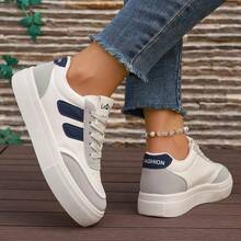 女士系带圆头休闲运动鞋，软底透气运动鞋 - 白色 - 查看 4