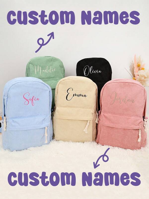Customized Name Backpack, Solid Color Campus Backpack, Customized Boys And Girls Corduroy Backpack Gift Backpack, Embroidered Children's Backpack, Back To School, Customized Children's Backpack, Personalized Children's Backpack,
