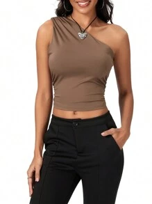 Women's Summer One Shoulder Tank Tops  Soft Stretchy Solid Color Floral For Daily Date Night Party - 棕色 - 查看 6