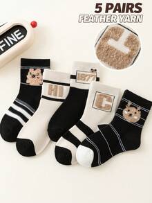 5 双儿童羽毛印花、数字、熊、条纹、卡其色、柔软舒适的中筒袜，适合儿童男孩和女孩，秋冬季 - 彩色 - 查看 7