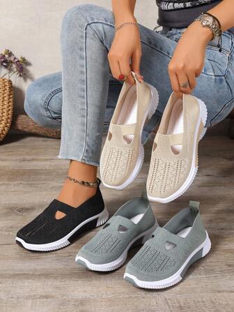 女士透气网眼运动鞋、舒适一脚蹬休闲鞋、低帮运动跑步鞋
