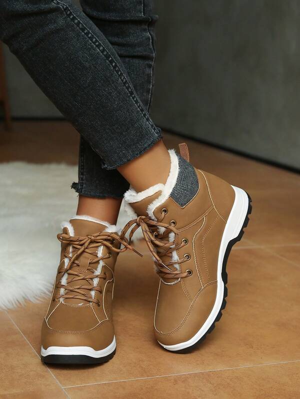 Botas de caminhada femininas com cadarço, quentes e impermeáveis, fáceis de calçar e tirar, botas curtas de neve para outono/inverno