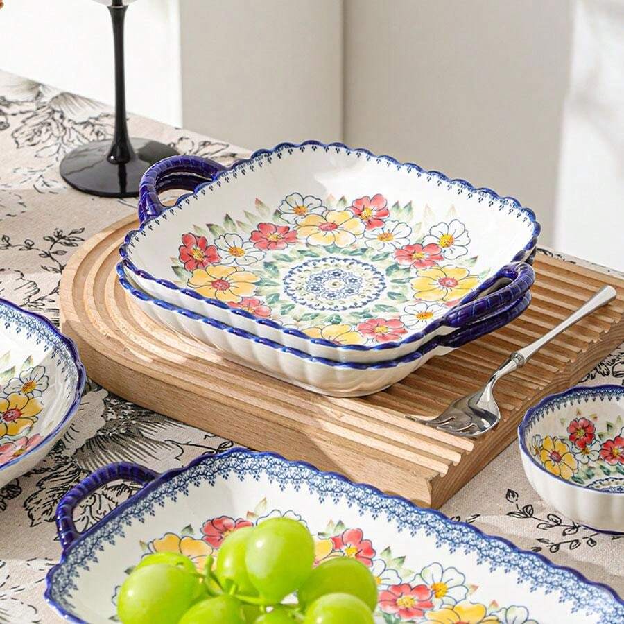 Vintage Floral Ceramic Dinnerware Set, Includes Plate, Sauce Dish, Bowl