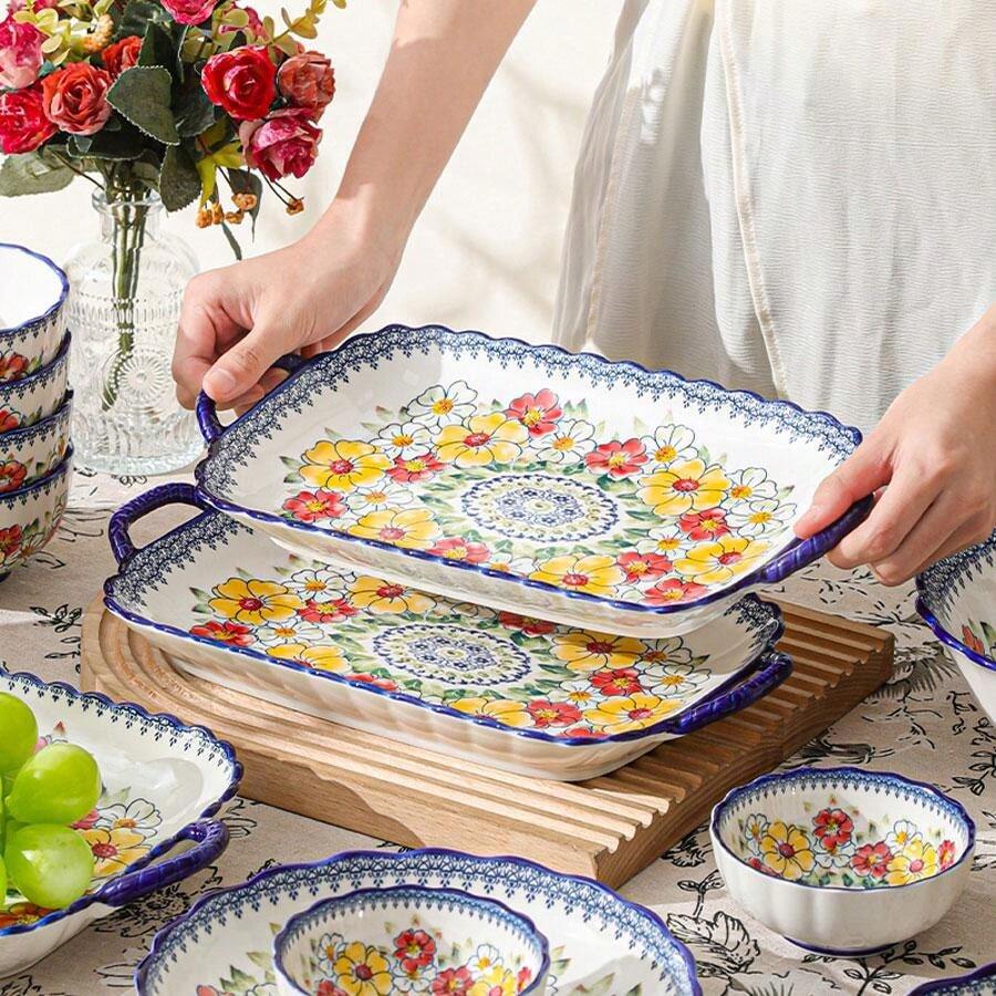 Vintage Floral Ceramic Dinnerware Set, Includes Plate, Sauce Dish, Bowl