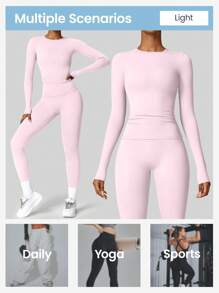 YEIFIN Conjunto de dos piezas de invierno para mujer, camiseta de manga larga lisa y leggings, conjunto de chándal, top deportivo de cuello redondo y pantalones ajustados para yoga, entrenamiento en el gimnasio, ropa deportiva de primavera/verano para mujer