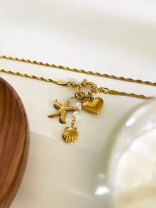 Monlansher 1pc Exclusive New Multi-Element Pendant Stainless Steel Women Necklace With Wave Link Chain Decorated With Starfish, Heart, Shell Charms, Personalized Fashion Minimalist Women Stainless Steel Pendant Necklace