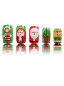 24 件芭蕾风格长假指甲，圣诞树、圣诞老人、驯鹿设计，适合女士，全覆盖可拆卸美甲套装，适合派对、婚礼和日常佩戴 - 彩色 - 查看 5