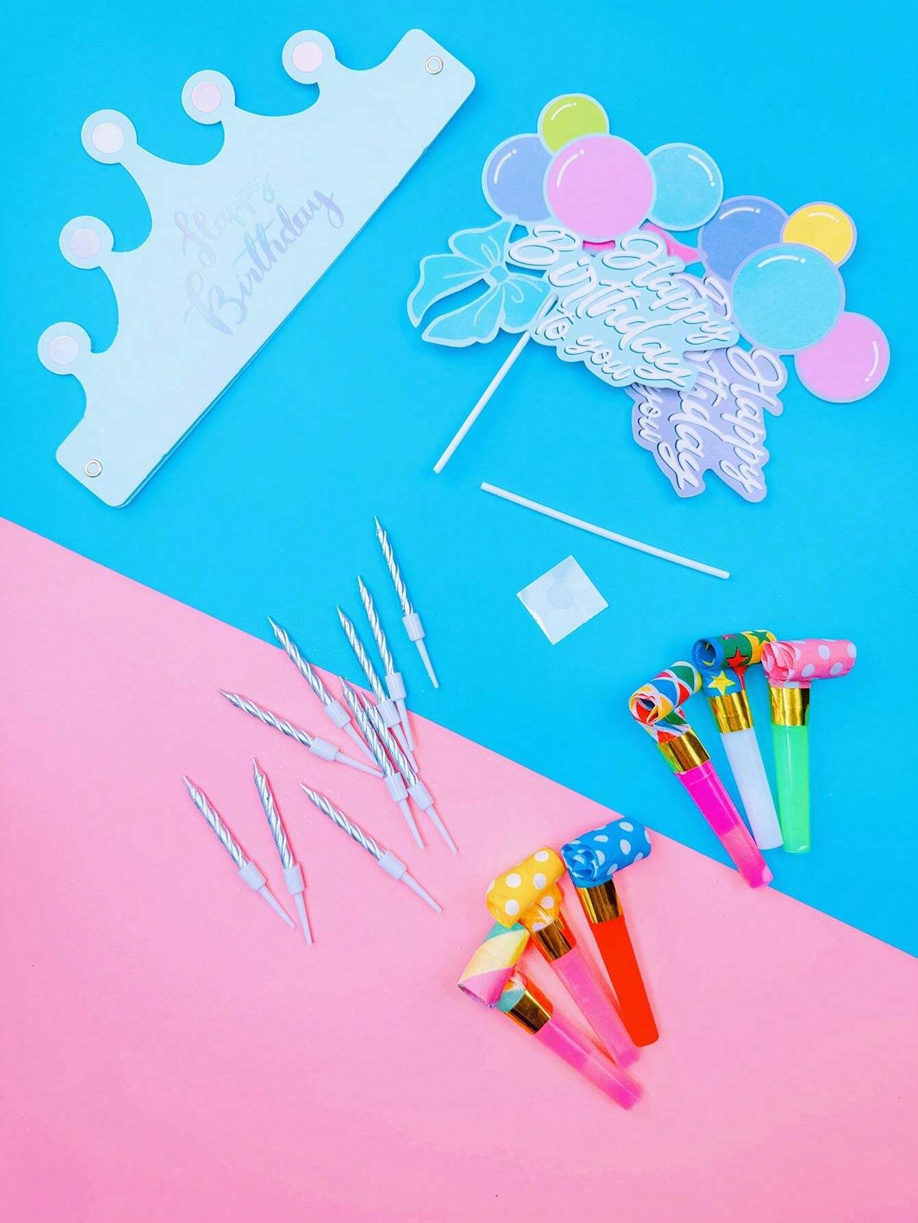 1 Set Happy Birthday Hat, Cake Topper Flags, Spiral Candles, Birthday