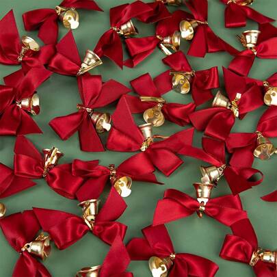 شريط ساتان أحمر مع أجراس فيه عقدة، ديكور عيد الميلاد، زينة عقدة صغيرة لشجرة عيد الميلاد، أعمال يدوية لعيد الميلاد، ديكورات لتغليف الهدايا للزفاف/الحفلة/عيد الميلاد