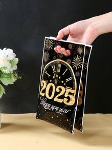 10 个 2025 新年快乐手提袋，黑金烟花倒计时时钟风格派对礼品包装用品新年礼品袋，2025 新年装饰礼品包装用品，新年装饰 - 黑金新年 - 查看 2