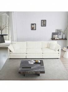 Mid-Century Modern Couch 3-Seater Sofa With 2 Armrest Pillows And 3 Toss Pillows, Couch For Living Room White Chenille,FurniHub