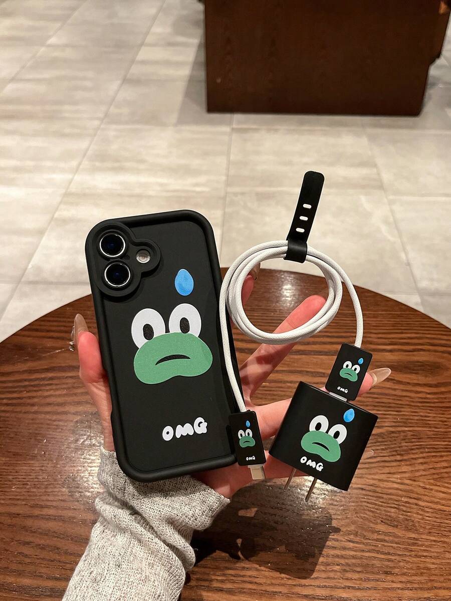 5 件/套手机配件：1 个手机壳 + 1 个充电器端口保护器 + 2 个数据线端口保护器 + 1 个电缆缠绕带，UV 印刷蛙眼设计，兼容 iPhone - 彩色 - 查看 1