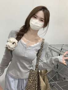 Korean Style Lace Panel Half-Open Collar Button Down Long Sleeve T-Shirt Top, Slim Fit, Autumn/Winter