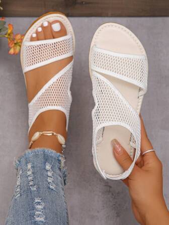Women's Fashionable Fishnet Sandals With Foam Bottom, Casual And Versatile
