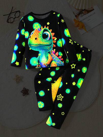 2pcs Young BoyLightweight Cartoon Pattern Long Sleeve Top And Pants Comfortable Pajama Set, Glows Under UV Light