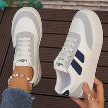 女士系带圆头休闲运动鞋，软底透气运动鞋 - 白色 - 查看 2