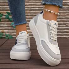 女士系带圆头休闲运动鞋，软底透气运动鞋 - 白色 - 查看 5