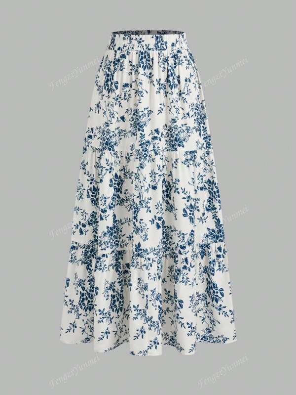Vintage Floral Print Elastic Waist Ruffle Hem A-Line Skirt