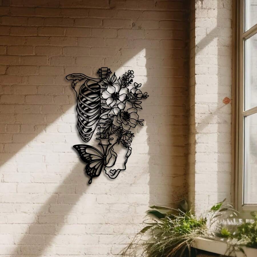 1 件金属骨架墙面艺术装饰，带花卉蝴蝶设计，独特情侣金属壁挂，简约乔迁礼物，卧室装饰 - 黑色 - 查看 1