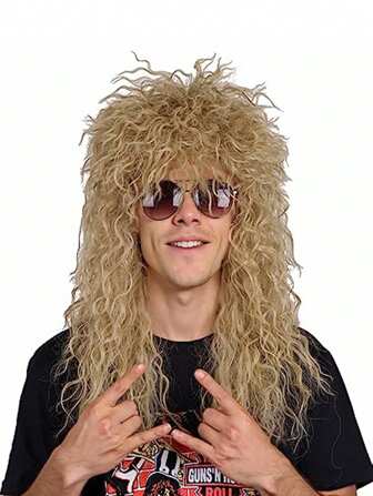 Lång Lockig Brun Gradient Vit Peruk För Män Och Kvinnor, 70-80-tals Rocker Mullet Party Rolig Peruk Kostymperuk