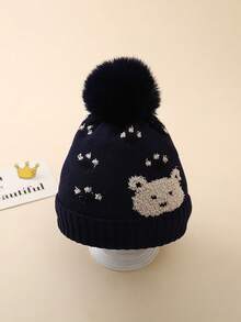 1 chiếc mũ len trẻ em Jacquard Bear Paw Fuzzy Ball, mũ trượt tuyết ấm áp dành cho cả nam và nữ Y2K ngoài trời chống gió, mũ len thường ngày thích hợp để đội hàng ngày, mùa đông - mũ dệt kim trẻ em - Xem 4