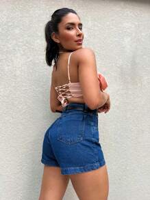 Saina 912 With Black Belt Women's Denim Shorts With Embroidery Casual Jeans High Waist Women's Denim Shorts Youth Natural 912 With Belt - Rửa tối - Xem 2