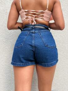 Saina 912 With Black Belt Women's Denim Shorts With Embroidery Casual Jeans High Waist Women's Denim Shorts Youth Natural 912 With Belt - Rửa tối - Xem 4