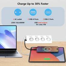 8 合 1 桌面夹式 USB 电源板，4 个 USB 充电端口和 4 个交流电源插座，适用于家庭、办公室、学校，5.9 英尺延长线 - 查看 8