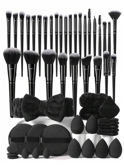 ALL-IN-1 54/49/42/44/24/9/3pcs Makeup Brush Set Includes 30pcs Brushes (Powder, Blush, Highlight, Eyeshadow, Mascara, Eyeliner, Contour Brushes), 6pcs Makeup Sponge, 6pcs Triangle Sponges, 3pcs Mini Cosmetic Sponges, 3pcs Round Puff, 2pcs Wrist Band, 1pc Headband For Makeup Prep