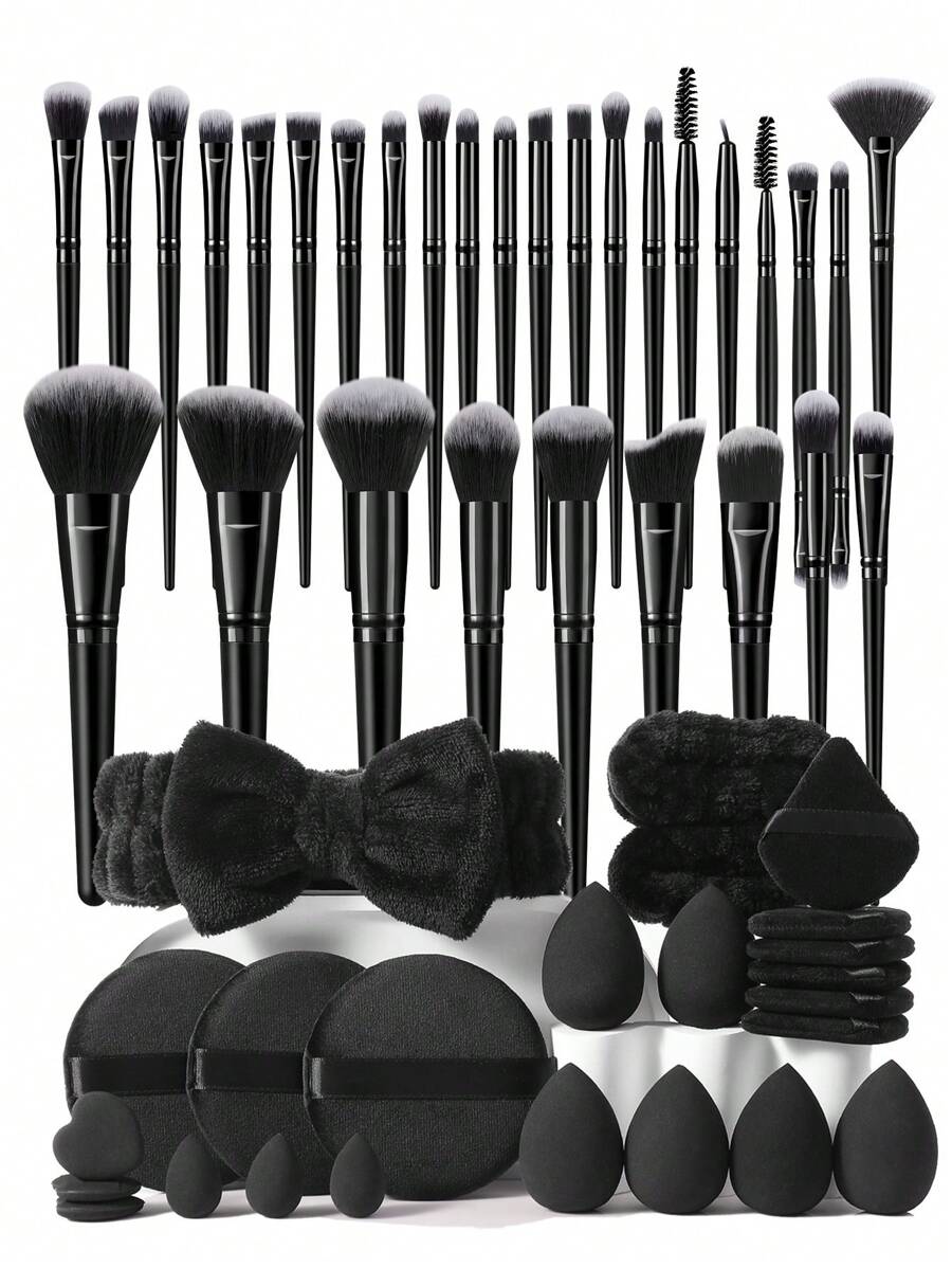 ALL-IN-1 54/49/42/44/24/9/3pcs Makeup Brush Set Includes 30pcs Brushes (Powder, Blush, Highlight, Eyeshadow, Mascara, Eyeliner, Contour Brushes), 6pcs Makeup Sponge, 6pcs Triangle Sponges, 3pcs Mini Cosmetic Sponges, 3pcs Round Puff, 2pcs Wrist Band, 1pc Headband For Makeup Prep